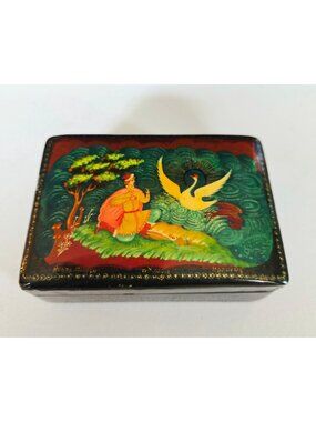 Hand-Painted Russian Lacquer Box With Enchanting Swan Scene & Gold Detail